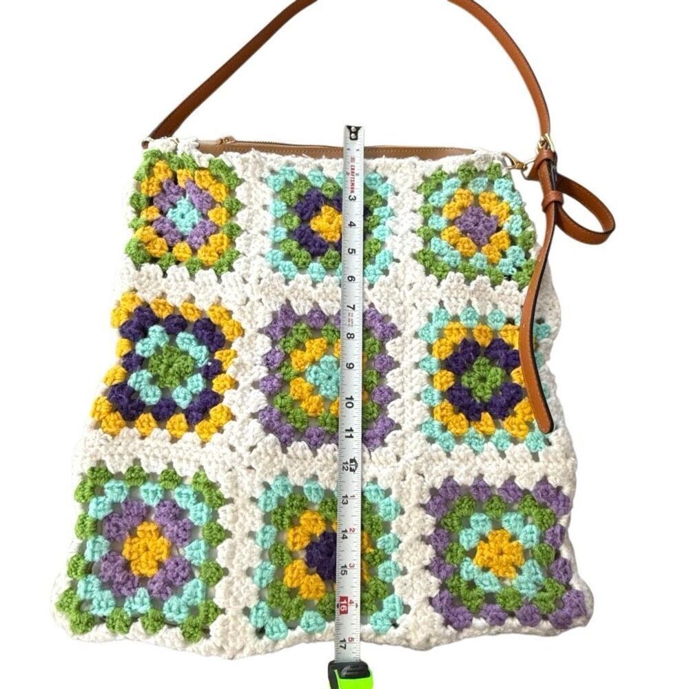 Handmade Women's Multicolor Detachable Handle Crochet Granny Square Tote Bag